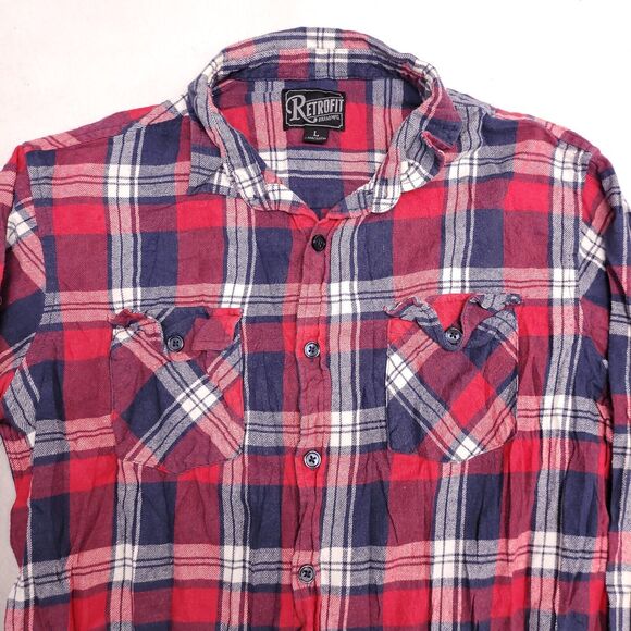 Retrofit Madras Flannel Casual Button Up Shirt Mens Size Large L Red Blue - Picture 1 of 9